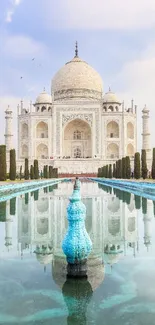 Taj Mahal reflected in serene, blue waters with a clear sky above.