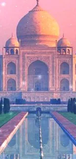 Breathtaking view of the Taj Mahal at sunset with beautiful reflections.