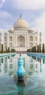 Beautiful Taj Mahal with reflection in a clear blue pool.