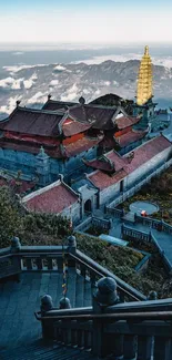 A majestic mountain temple with cloudy backdrop.