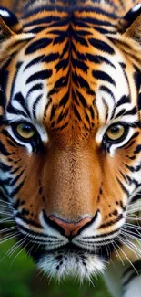 Close-up view of a tiger's face with striking orange and black stripes.