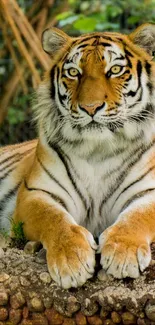 Majestic tiger lounging in lush forest habitat.