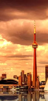 Toronto skyline with CN Tower reflected in water under dramatic clouds.