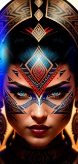 Vibrant tribal art portrait with intricate patterns and striking facial designs.