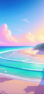 Vibrant tropical beach sunset scene with pink and blue hues.