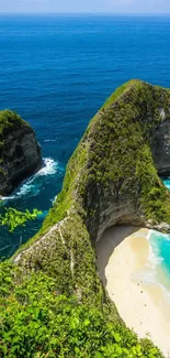 A stunning tropical beach with turquoise waters, cliffs, and lush greenery.