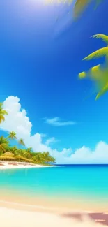 Tropical beach with palm trees and clear blue sky wallpaper.