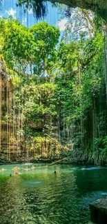 Vertical wallpaper of a tropical cenote with lush greenery.