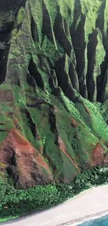 Lush green cliffs and blue ocean wallpaper.