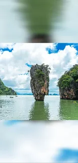 Breathtaking tropical island with towering rock formations and lush greenery.