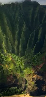 Stunning tropical mountain landscape with lush green cliffs and a serene beach.