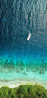 Aerial view of tropical ocean with boat and vibrant greenery.