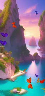 Tropical paradise with lush cliffs and blue waters at sunset.