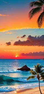 Vibrant tropical sunset with palm trees and ocean waves.