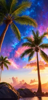 Tropical sunset wallpaper with palm trees and starry sky over ocean.