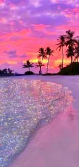 Mesmerizing tropical sunset with pink sky, palm trees, and sparkling beach.