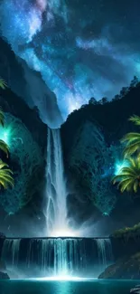 Tropical waterfall with starlit sky wallpaper.