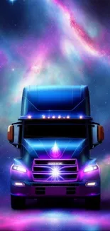 Futuristic truck against a vibrant cosmic background with nebula hues.