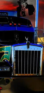 Powerful truck on open road with vibrant sky background.