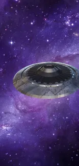 UFO hovering in a vibrant purple galaxy with stars and cosmic details.