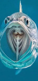 Close-up of a fish with open mouth in vibrant blue water.