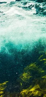 Underwater ocean scene with teal waves and green sea plants.