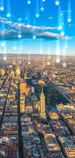 Aerial view of a vibrant cityscape beneath a vivid blue sky.