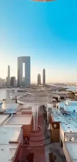 Stunning urban skyline with skyscrapers and blue sky.