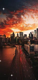 City skyline with fiery sunset and dramatic clouds.