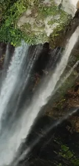 Vertical waterfall with lush greenery, perfect for nature-themed mobile wallpaper.