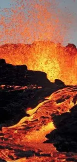 Dynamic mobile wallpaper showing a vivid volcanic eruption with flowing lava.