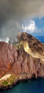 Majestic volcanic island rising amidst ocean waves and dramatic clouds.