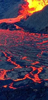 Bright volcanic lava flow and eruption scene.