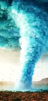 Vivid blue tornado under dramatic sky in dynamic wallpaper.