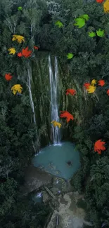 Aerial view of a waterfall with lush green forest.