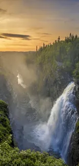 Waterfall cascading in a lush forest at sunset.