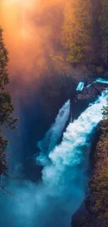 Waterfall with vibrant sunset and lush forest surroundings.