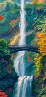 Waterfall under a bridge in autumn forest