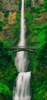 Mobile wallpaper featuring a stunning waterfall under a bridge with lush greenery.