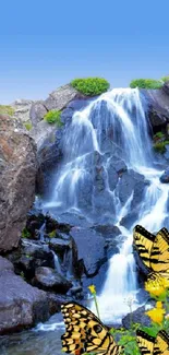 Vibrant butterflies flutter by a cascading waterfall and lush greenery.