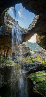 Waterfall flowing through a rocky cave with vibrant greenery.