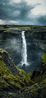 Breathtaking waterfall cascading down cliffs surrounded by lush greenery.