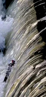 Close-up view of a cascading waterfall with flowing water.