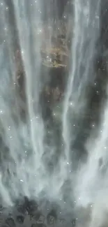 Majestic waterfall with mist droplets on a mobile wallpaper background.