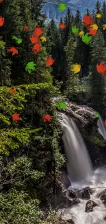 Stunning view of a cascading waterfall in a lush green forest landscape.