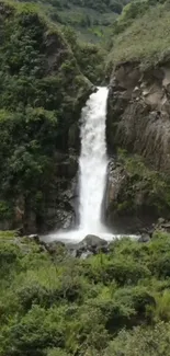 Waterfall cascading in lush green canyon landscape.