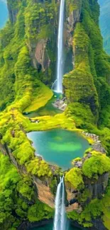A vibrant island with waterfalls and lush greenery