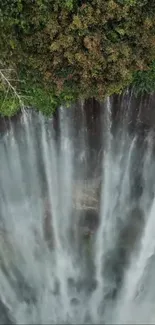 Aerial view of a majestic waterfall surrounded by lush greenery in a forest.