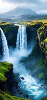 Majestic waterfall surrounded by lush green cliffs