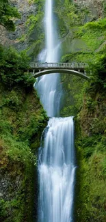 Enchanting waterfall with lush green surroundings and a stone bridge.